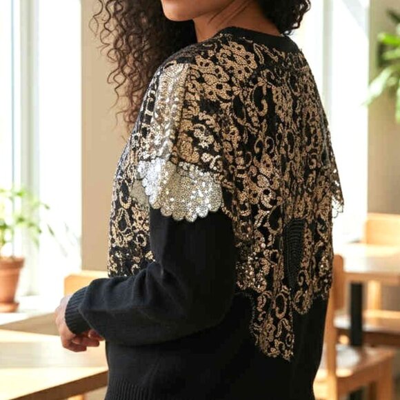 Vintage I.B. Diffusion Black Pullover Silk Blend Knit Sweater Gold Lace Beads L - Picture 3 of 8